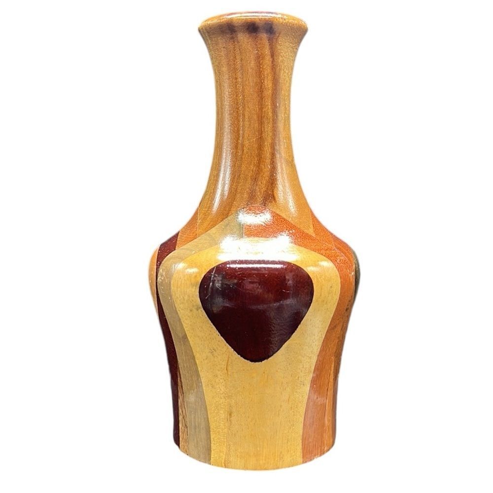 Wooden Vase Studio Crafted Handmade Multi-Tone Artisan Unique Eclectic 8.25" - Picture 3 of 8